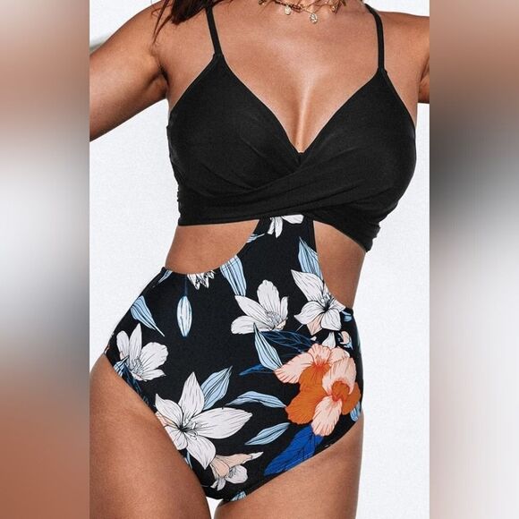 Cupshe twist cut out one piece swimsuit floral print bottoms size large - Picture 3 of 4